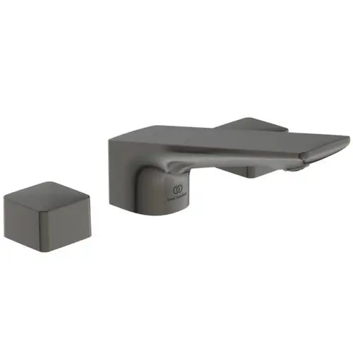 Waschtischarmatur in Magnetic Grey mit zwei separaten Bedienelementen, gefertigt von Ideal Standard. Schlichte, moderne Form mit rechteckigen Elementen.